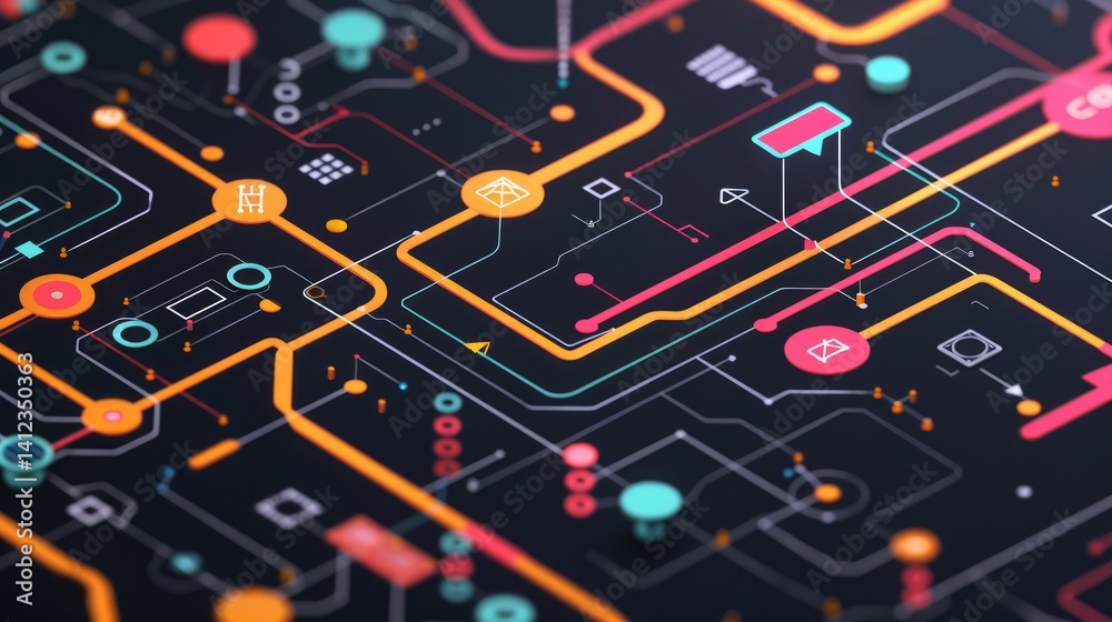 Poster explore a vibrant abstract digital workflow pipeline diagram, showcasing intricate connections and c