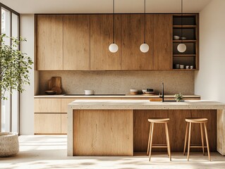 Modern, minimalist kitchen with warm, light wood cabinets and a concrete island. Sunlight streams through large windows