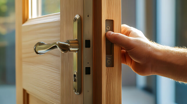 Carpenter installing a wooden door frame in a house renovation. Highlighting door installation and home construction