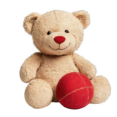 A light brown teddy bear with a red nose sitting down with a red ball toy beside it