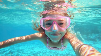 Cute girl swimming underwater in clear blue waters