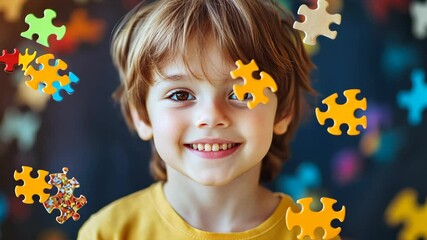 World Autism Awareness Day concept, autism, autism acceptance month, Portrait of smiling boy with autism on puzzle background - Powered by Adobe