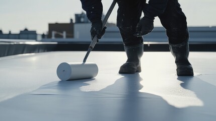 Obraz premium Rooftop waterproofing technician applying rubberized membrane. Featuring durability and surface protection