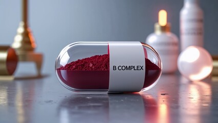 Bottle With B Vitamin Complex. Dietary Supplement, Vitamins and Tablets. B Vitamin Powder. Health Care. Healthy Lifestyle. B Vitamin Deficiency. Daily Vitamin Intake.