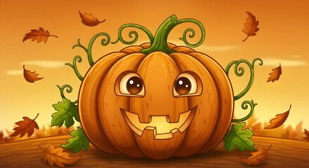 Happy pumpkin with big eyes and a toothy grin surrounded by leaves in a warm autumn landscape during sunset Generative AI