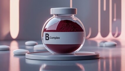 Bottle With B Vitamin Complex. Dietary Supplement, Vitamins and Tablets. B Vitamin Powder. Health Care. Healthy Lifestyle. B Vitamin Deficiency. Daily Vitamin Intake.