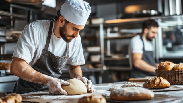 Baker preparing dough in a kitchen. Featuring bread making and pastry work
