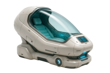 Futuristic pod with sleek design, featuring advanced technology and a comfortable interior for relaxation or immersive experiences.
