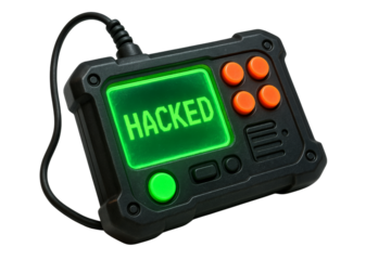 A hacker's device displaying 'HACKED' on a bright green screen, showcasing modern cyber security challenges and technology.