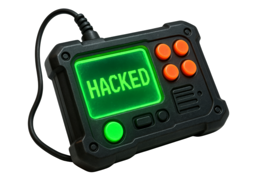 A hacker's device displaying 'HACKED' on a bright green screen, showcasing modern cyber security challenges and technology.