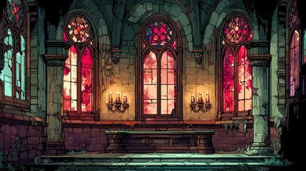 Obraz premium Haunted Castle Interior - Flickering torches, cobwebs, broken stained glass windows, pixel art, gaming assets, 32-bit