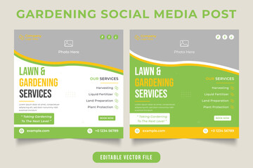 Lawn and gardening social media post template with green and yellow colors. Farming and gardening service poster. Agriculture and farming web banner. Landscaping and lawn mowing business promotion.