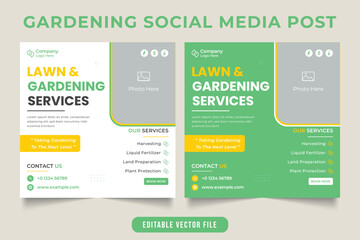 Farming and Gardening social media post design with green and yellow color. Lawn mowing business promotional template, and web banner. Agriculture and landscaping flyer design with photo placeholders.