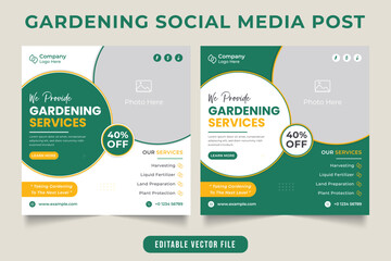 Lawn and gardening service promotional social media post with a photo placeholder. Agro and gardening service flyer design with green and yellow colors. Landscaping business template with discount.