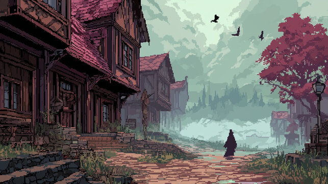 Cursed Village - Dim, foggy pixel town with tilted homes and mysterious cloaked NPCs in the distance, pixel art, gaming assets, 32-bit