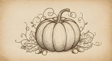 Detailed sketch of a pumpkin with leaves and acorns on vintage paper background showcasing autumn nature elements Generative AI