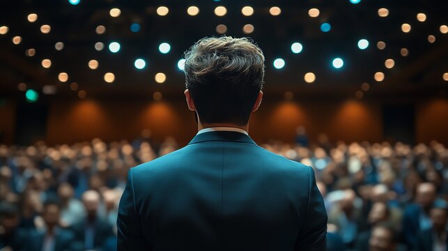 Tech event with a crowd of business professionals applauding the keynote speaker