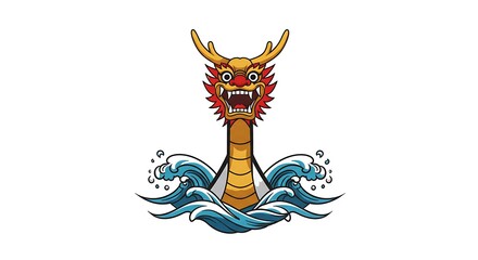Fototapeta premium Dragon Boat Festival (June 10)* Stylized dragon boat prow with flowing water lines. Red and gold accents, sharp geometric waves.