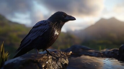 Raven perched on rock by mountain stream at sunrise
