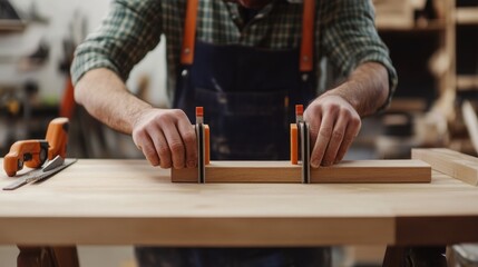 Carpenter assembling a custom wooden table. Featuring detail and craftsmanship
