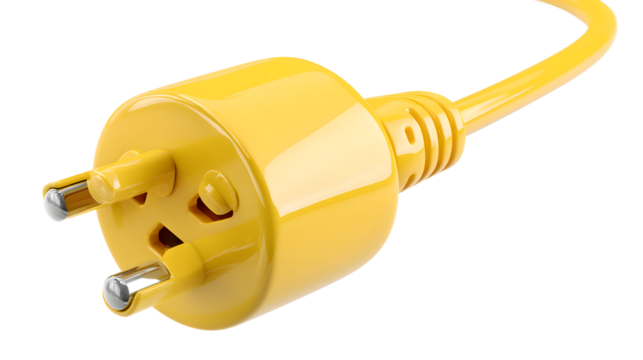 Close-up of a vibrant yellow electrical plug with three prongs, symbolizing connectivity and energy.