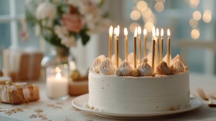 Elegant birthday cake with lit candles and smooth icing, celebrating joy and warmth of special moments