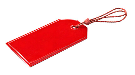 Fototapeta premium A vibrant red plastic price tag with a brown string, perfect for product labeling and promotional displays.