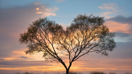 Fototapeta premium Heart-shaped tree silhouette in warm sunset hues, a dreamy symbol of love and romance