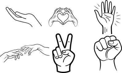 Collection of hand gestures peace heart open palm and more