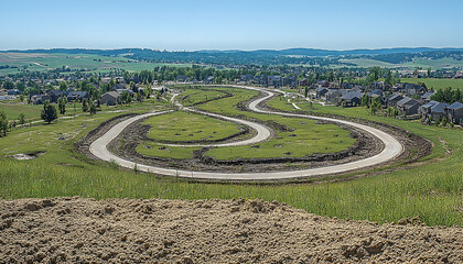 Aerial view of a winding road under construction in a rural landscape with homes in the background