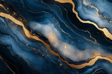 Obraz premium abstract luxury design with marble textures, gold accents, and deep gray blue tones, displayed on a minimalist background with ample space for additional elements