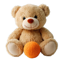Obraz premium A teddy bear with a brown nose sitting and holding an orange ball in its paws