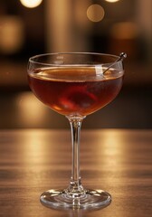 A Manhattan in a coupe glass with dark amber liquid and brandied cherry.
