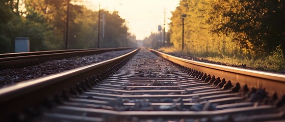 Obraz premium Railway tracks stretch into the distance surrounded by trees and vegetation.