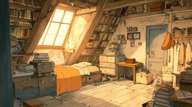 Cozy attic bedroom with sloped ceilings and bookshelves, representing a peaceful retreat and personal space. Ideal for interior design blogs, home decor articles, and lifestyle publications.