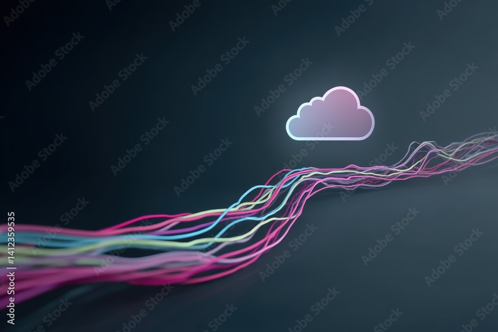 Sticker a stylized cloud icon surrounded by vibrant, flowing lines representing digital data and connectivit
