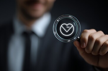 The image of a man with a happy face inside a magnifying glass represents the intersection of sad and normal emotions, with a love icon promoting a message of positive emotions and mental health care