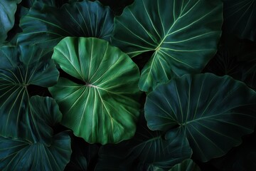 Fototapeta premium large green leaves on a dark background, a nature concept banner design