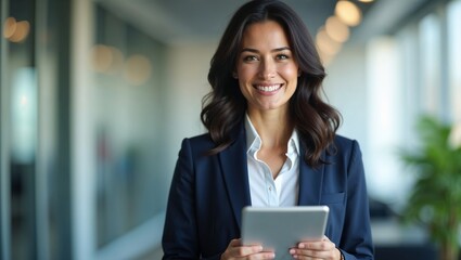 Confident Young Businesswoman in Navy Suit Holding Tablet – Modern Office Portrait