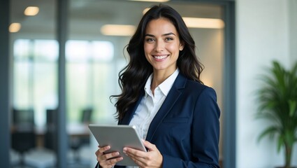 Confident Young Businesswoman in Navy Suit Holding Tablet – Modern Office Portrait