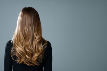 Naklejka premium Woman from the back with balayage ombre hair dye technique, featuring a gradual transition from darker roots to lighter ends - Stock