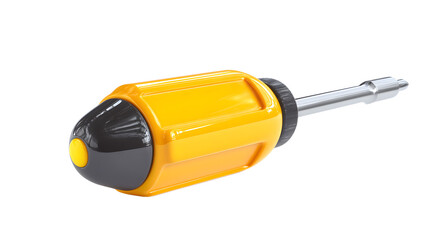 A close-up of a yellow and black screwdriver, showcasing the ergonomic design and shiny metal tip.