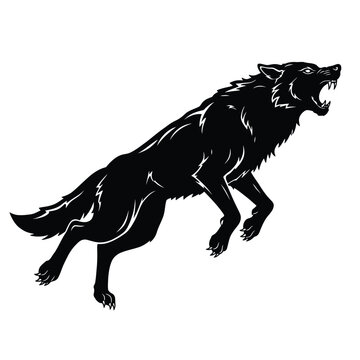 Aggressive Jumping Wolf Silhouette | Black Vector Wild Wolf Clipart for T-shirt, Tattoo, Logo, and Sublimation