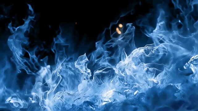 Blue flames rising against a dark background, creating a mystical aura animated overlay, transparent 4K video, alpha channel, ProRes 4444