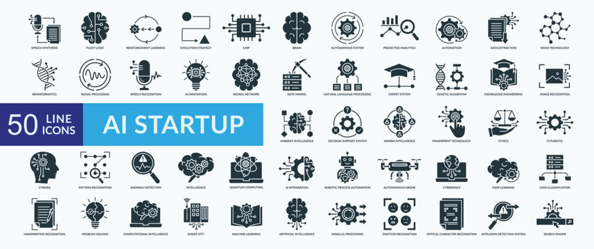AI startup icon collection set with speech synthesis, fuzzy logic, reinforcement learning, evolution strategy, autonomous system
