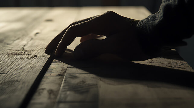 Carpenter measuring wooden planks for a table construction. Highlighting woodwork precision and furniture crafting