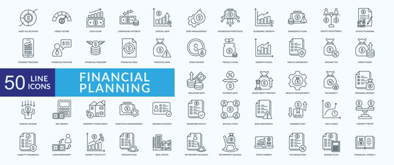 Financial planning icon collection set with cash flow, emergency fund, financial goal, fixed income, health insurance
