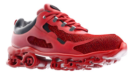 Bold red athletic sneaker with innovative design and mesh details, showcasing modern footwear aesthetics.