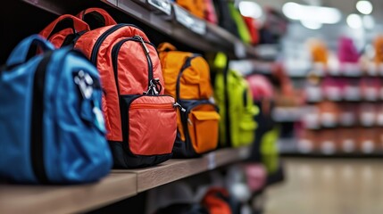 Colorful school backpacks on shelves in a store