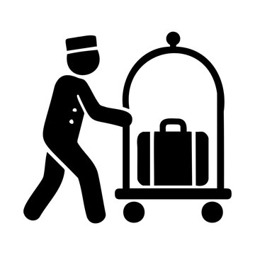 recommend clip art: Silhouette icon of hotel bellhop pushing luggage cart